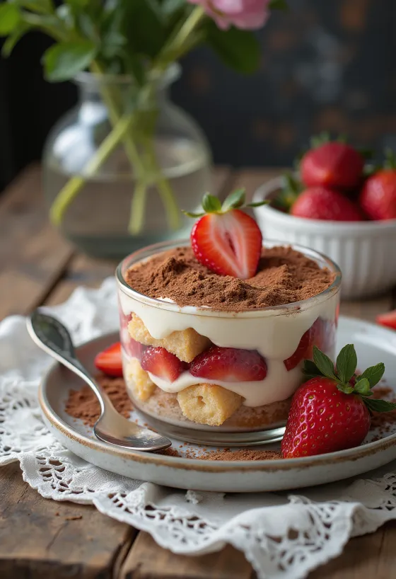 Jordbærtiramisu lagvis med kjeks og mascarponekrem, pyntet med ferske jordbær