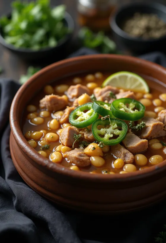 Pozole med svinekjøtt, meksikansk suppe med hominy-mais, lime og jalapeño