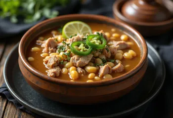 Pozole med svinekjøtt, meksikansk suppe med hominy-mais, lime og jalapeño