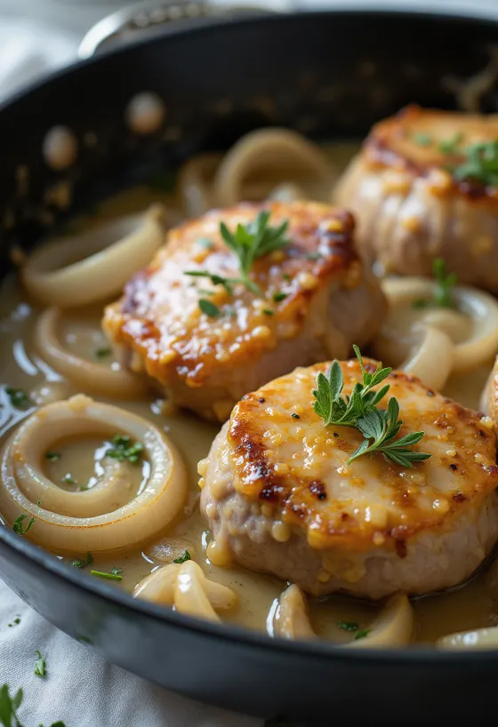 Svinestek i løk- og rømmesaus servert