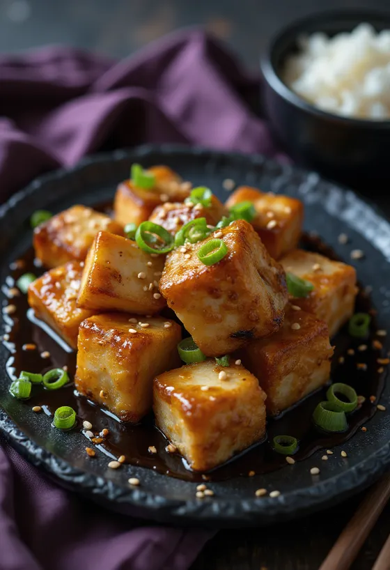 Stekt tofu i soyamarinade servert