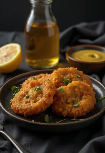 Acarajé med honning- og sennepssaus, pyntet med frisk koriander