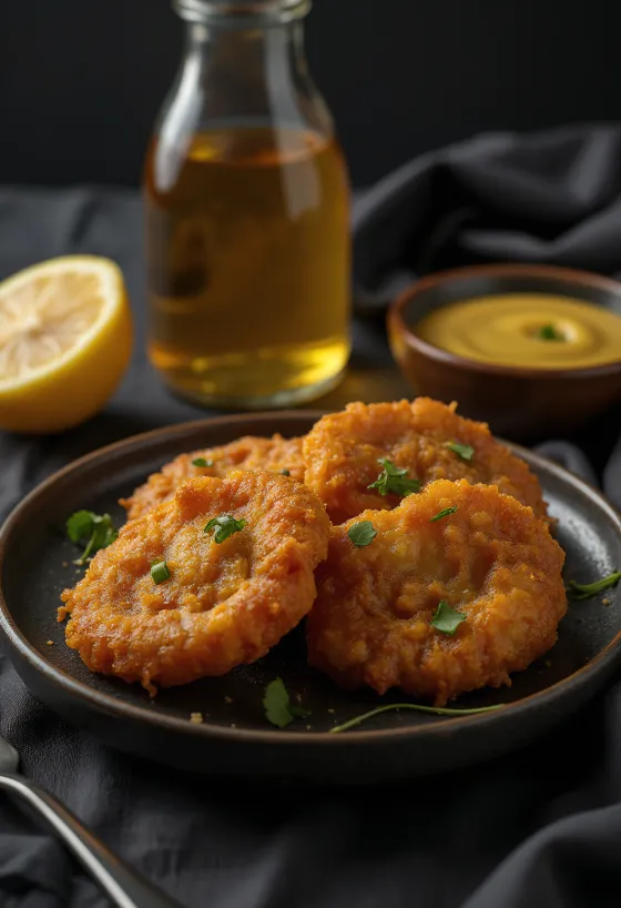 Acarajé med honning- og sennepssaus, pyntet med frisk koriander