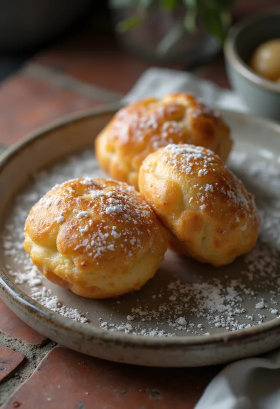 Æbleskiver med kardemomme, drysset med melis