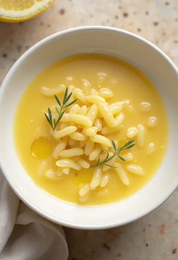 Avgolemono suppe med orzo, pyntet med sitron og persille