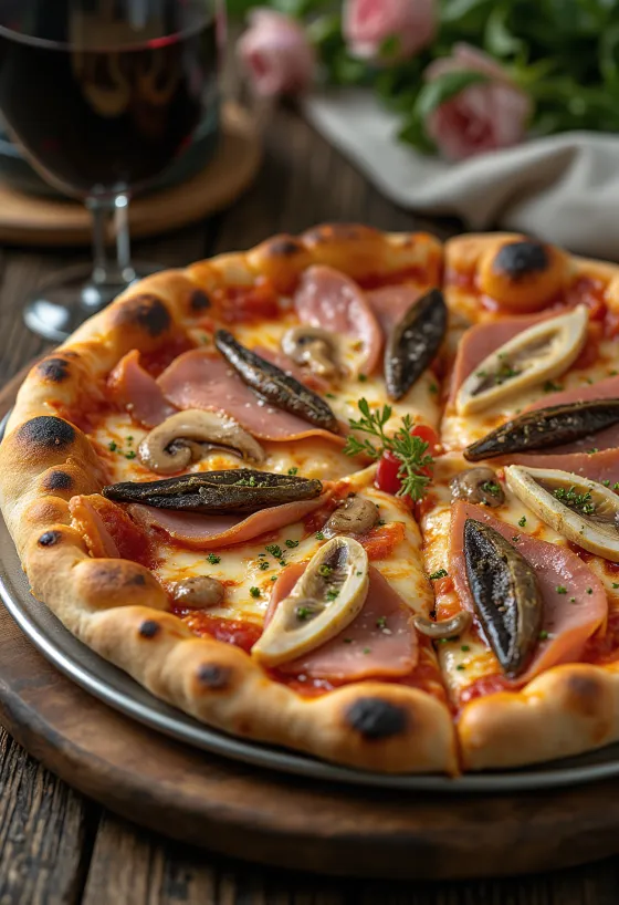 Pizza Capricciosa med ansjos servert
