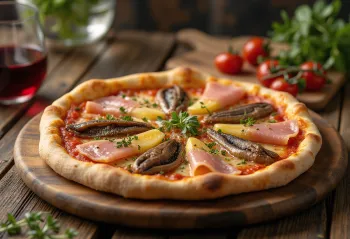 Pizza Capricciosa med ansjos servert