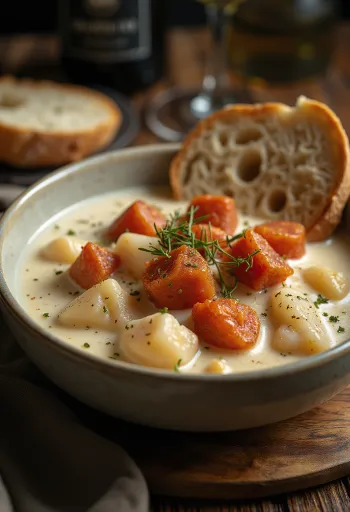 Cullen Skink med chorizo, en rik og kremet skotsk fiskesuppe.