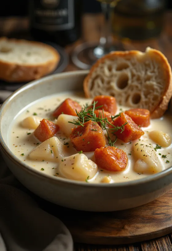 Cullen Skink med chorizo, en rik og kremet skotsk fiskesuppe.
