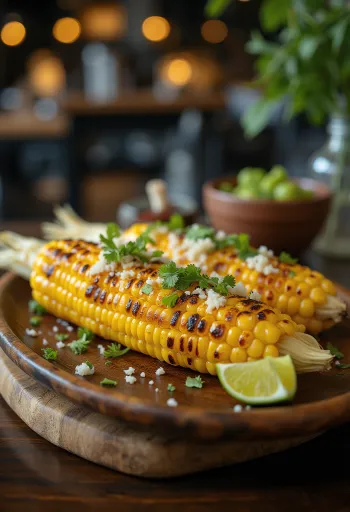 Elote med smør, pyntet med parmesan og koriander