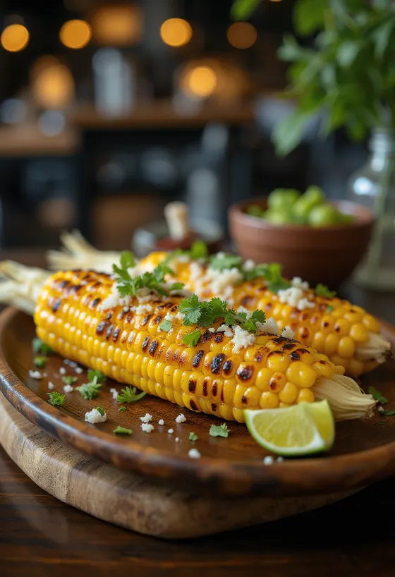 Elote med smør, pyntet med parmesan og koriander