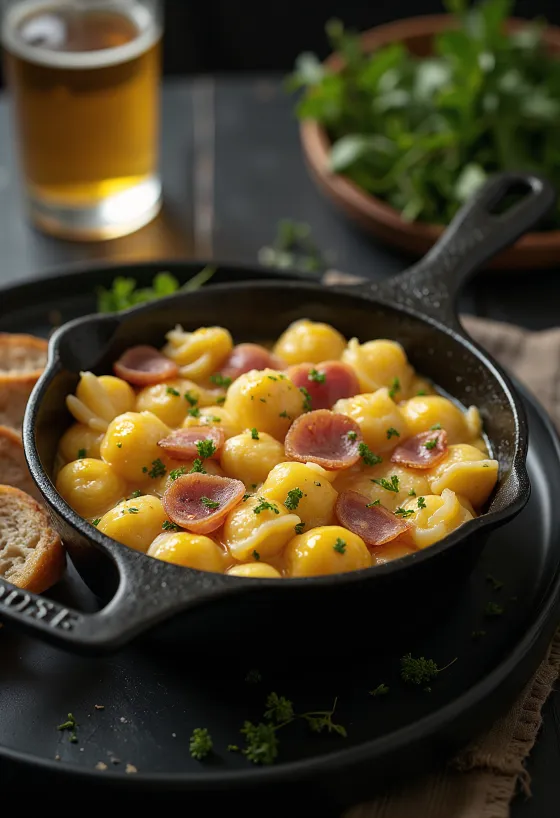 Røkt skinke servert med egg-nokedli