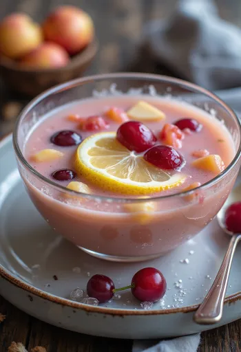 Fruktsuppe med svalende og kremet konsistens, servert med friske fruktbiter