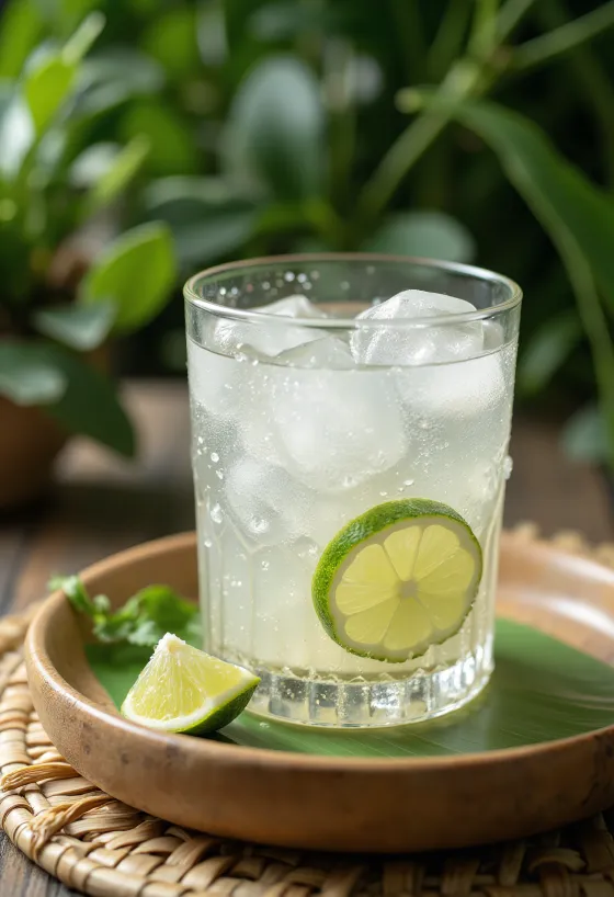 Kokosvann med mynte i glass med isbiter