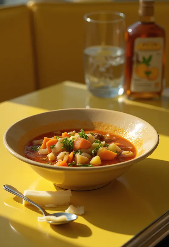 Fersk italiensk grønnsaksuppe servert, pyntet med grønnsaker og krydder.