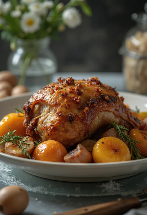 Roast porcupine with herbs servert med ovnsbakte grønnsaker.