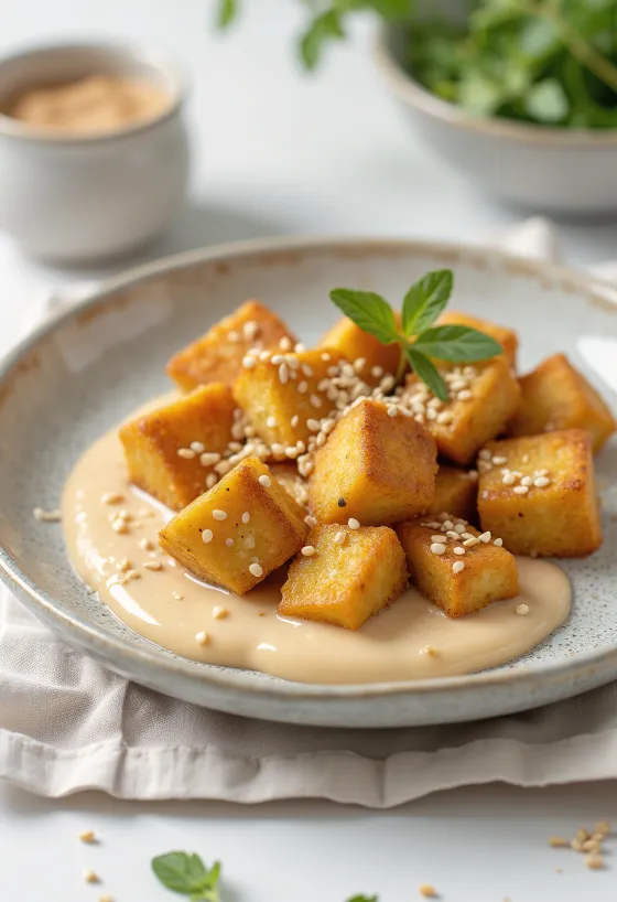 Stekt tofu med tahinisaus servert