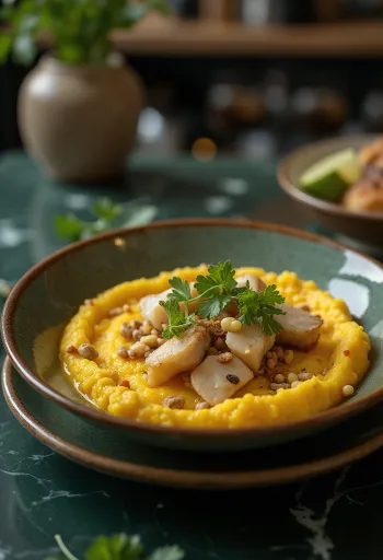 Vatapá servert med fisk, kokosmelk og friske urter