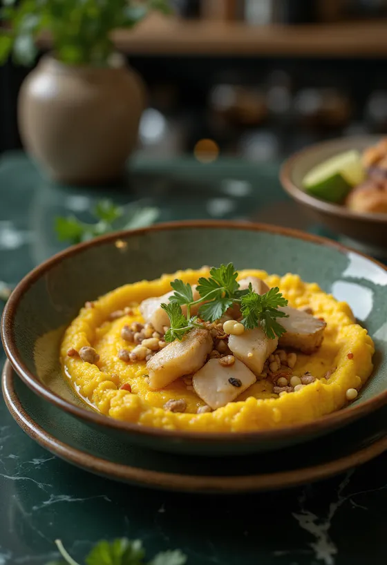 Vatapá servert med fisk, kokosmelk og friske urter