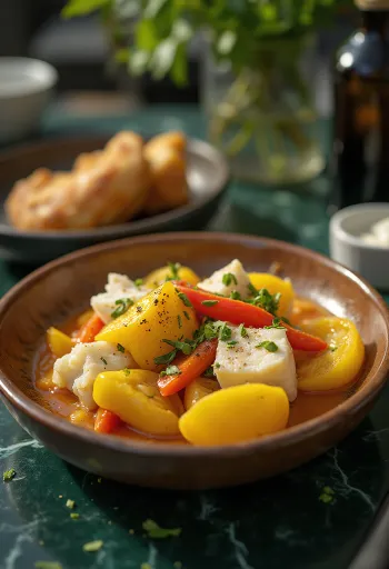 Ackee og saltfisk servert med grønnsaker og krydder
