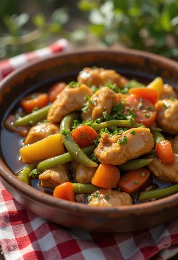 Adobo med grønnsaksragu, pyntet med frisk koriander