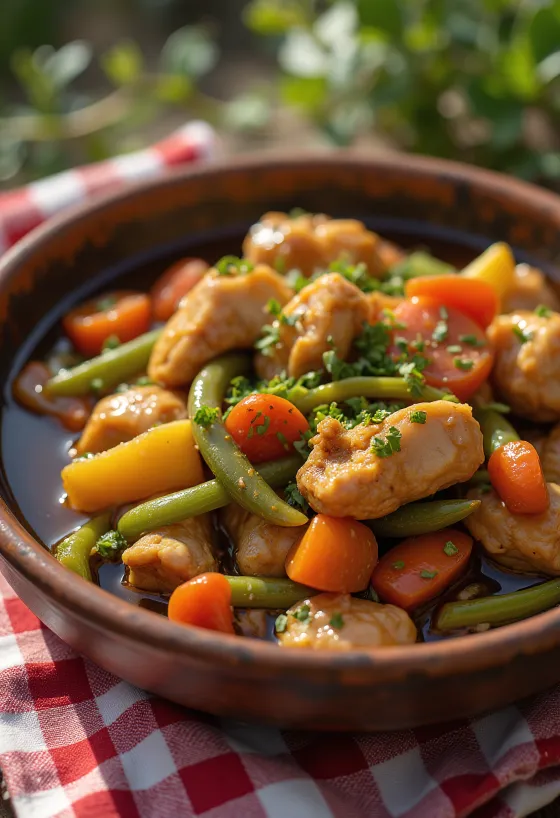 Adobo med grønnsaksragu, pyntet med frisk koriander