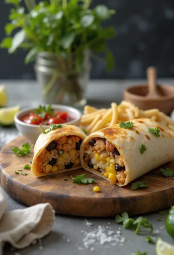 Kyllingburrito fylt med friske grønnsaker, ris og ost