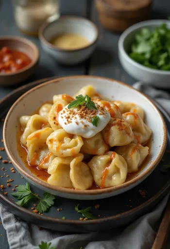 Manti med hvitløksyoghurt servert, med frisk koriander
