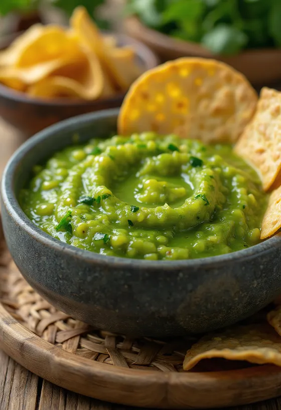 Grønn salsa verde i skål med ingredienser rundt