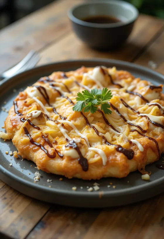 Okonomiyaki pizza med kål og tunfiskflak