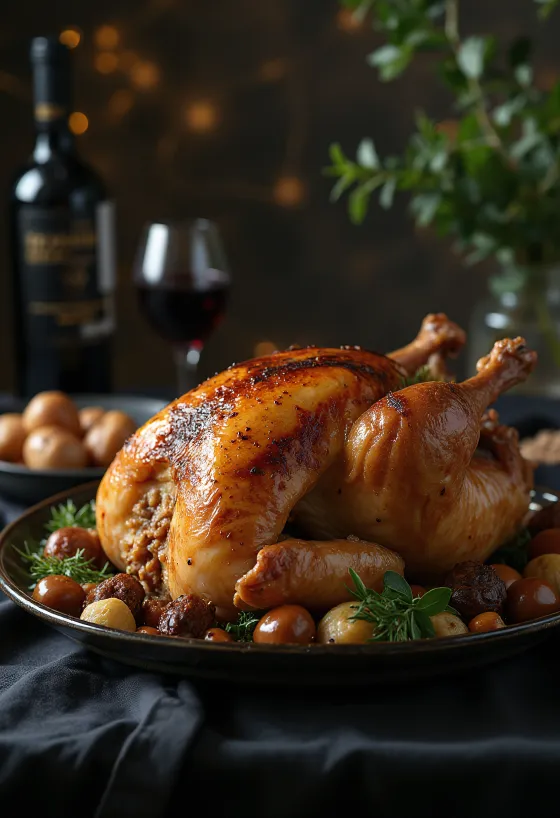 Roast turkey with chestnut stuffing servert på et fat med grønnsaker.