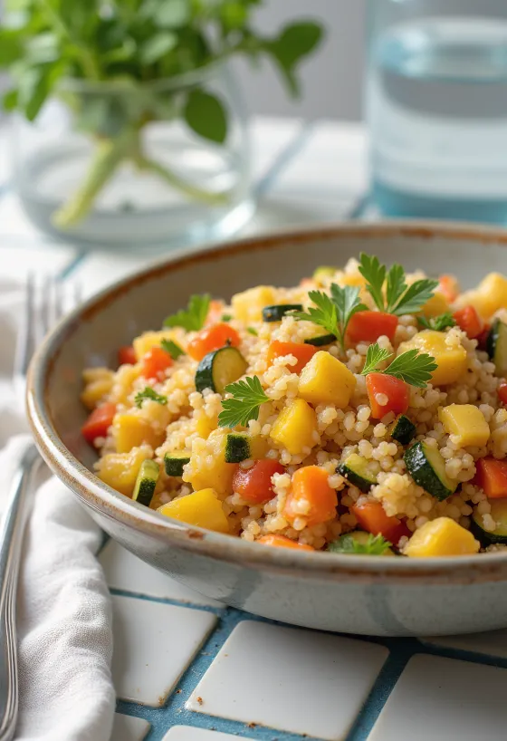 Bulgur med grønnsaker servert med fersk paprika, tomat og squashbiter