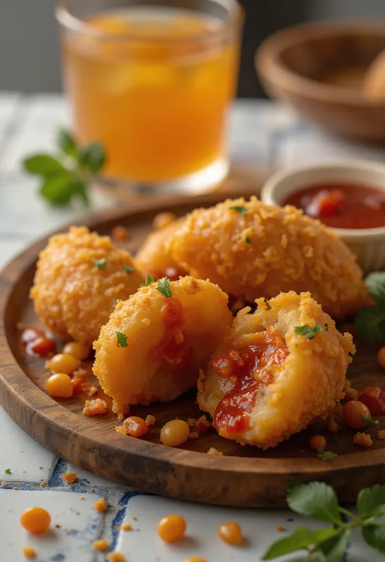 Acarajé med sterk saus, sprø boller servert med sterk saus og koriander