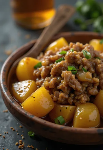 Adobo med poteter, krydret kjøtt og stekte poteter servert