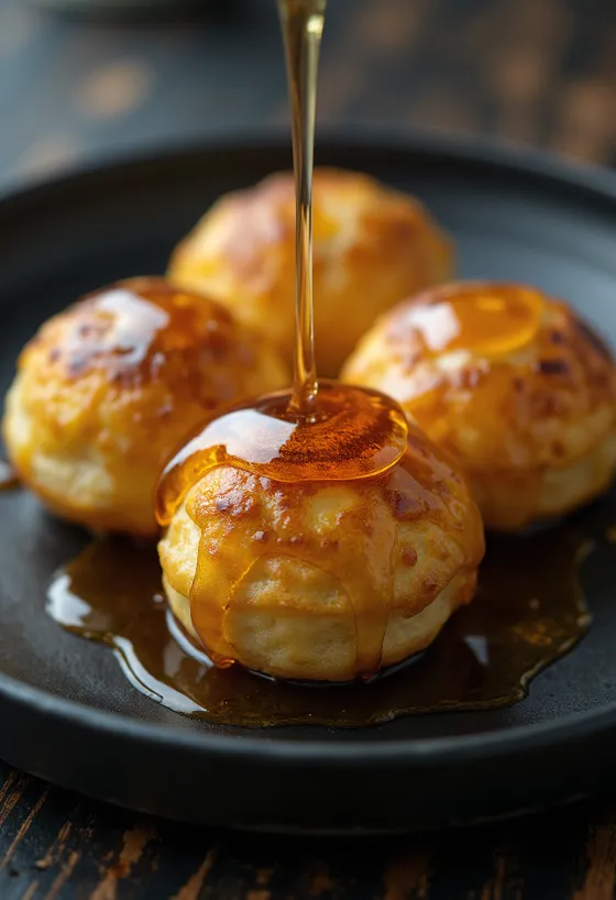 Æbleskiver med lønnesirup, ferske kaker, gyllenbrune, servert med lønnesirup