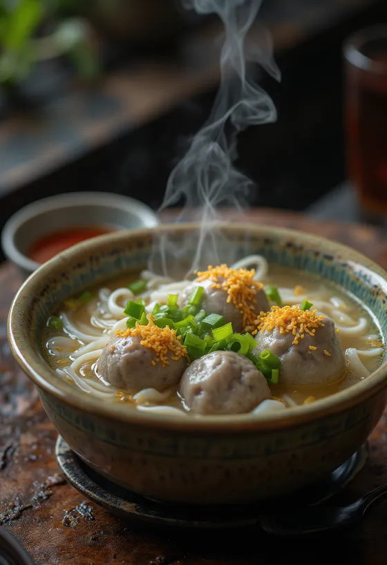 Bakso servert med nudler