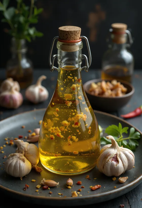Gylden olje infusert med hvitløksfedd og chili