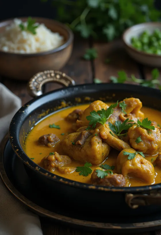 Curry goat med laurbærblad, en skål rik, krydret geitecurry med fyldig kokosmelk