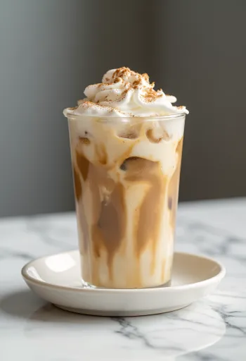 Iskaffe med kanel, pyntet med krem og kanel