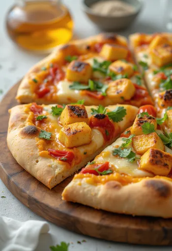 Paneer tikka pizza med yoghurtsaus og grønnsaker