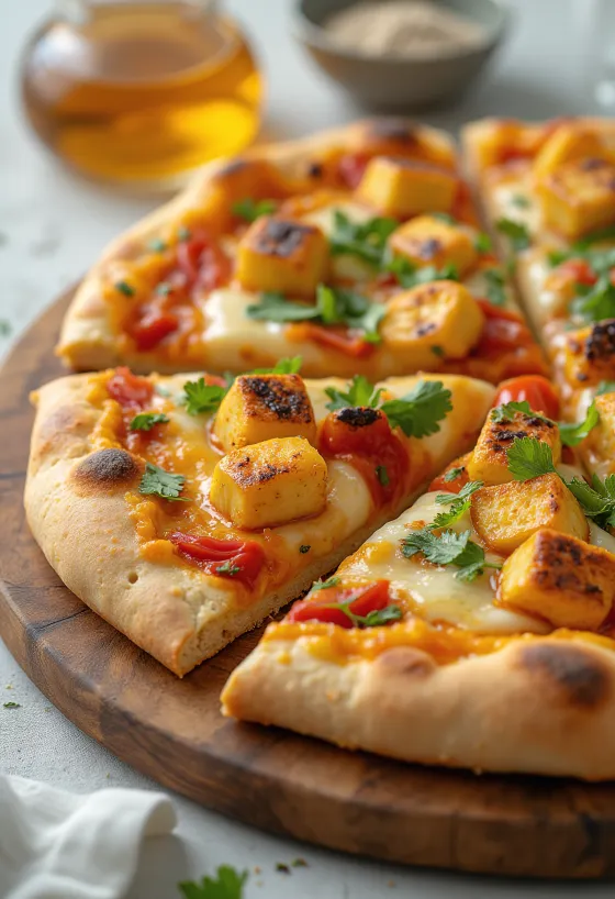 Paneer tikka pizza med yoghurtsaus og grønnsaker