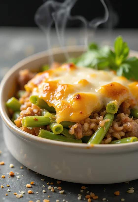 Gratinerte grønne bønner med fersk rømme og gratinert ost på toppen.