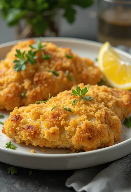 Panert kyllingbryst stekt gyllenbrunt servert med salat