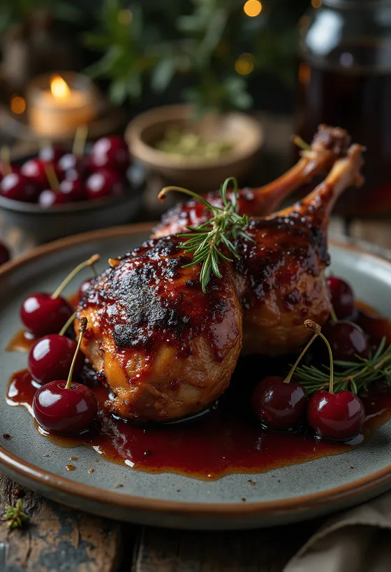 Roast wild duck with cherry glaze servert på et fat med friske urter.