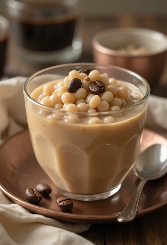 Tapiokapudding med kaffe, servert i glass, toppet med litt kaffe og karamellag