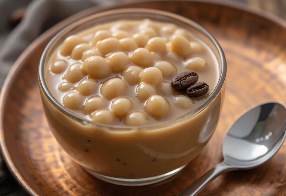 Tapiokapudding med kaffe, servert i glass, toppet med litt kaffe og karamellag