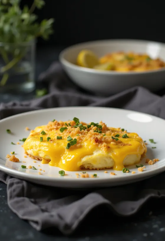 Welsh rarebit med egg servert, i ostesaus, på ristet brød