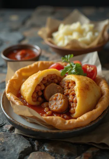 Acarajé med pølse, krydrede bønner og pyntet med frisk persille