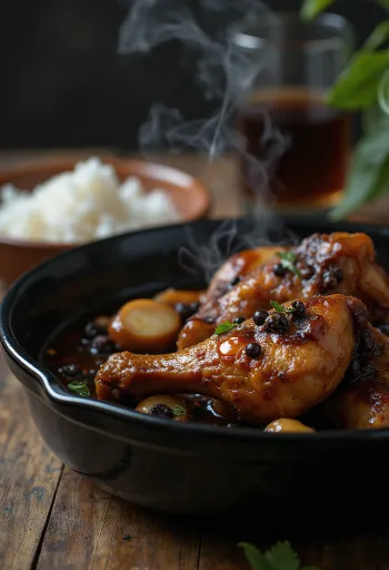 Adobo kylling, kokt i soyasaus, servert ved siden av ris