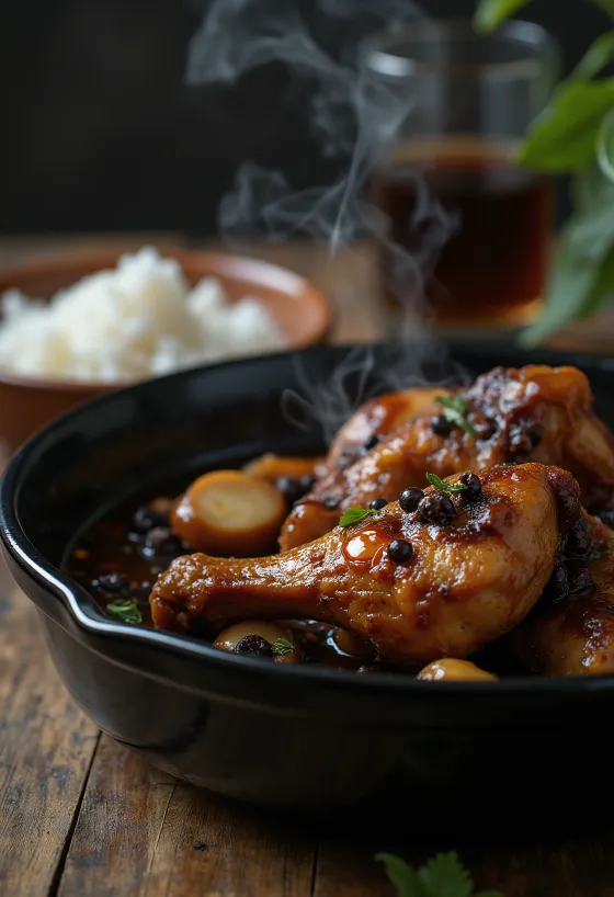 Adobo kylling, kokt i soyasaus, servert ved siden av ris